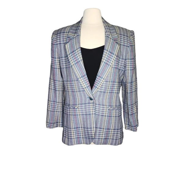 Vintage Lucia Blazer Blue Red White Yellow Wool Blend Shoulder Pads Size 12 - Picture 1 of 13